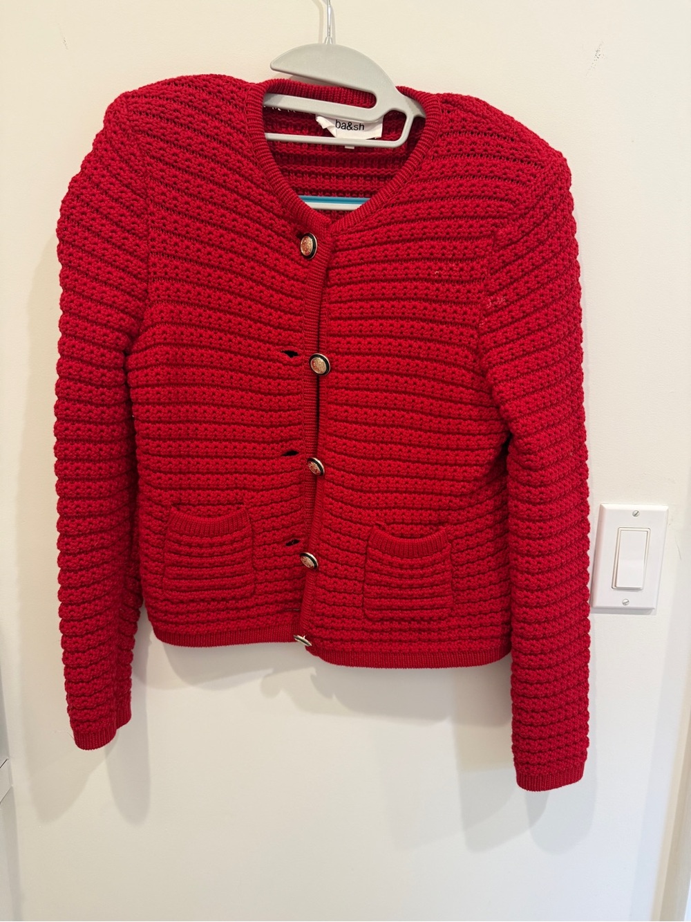 ba&sh Red Crewneck Knit Sweater with Decorative buttons